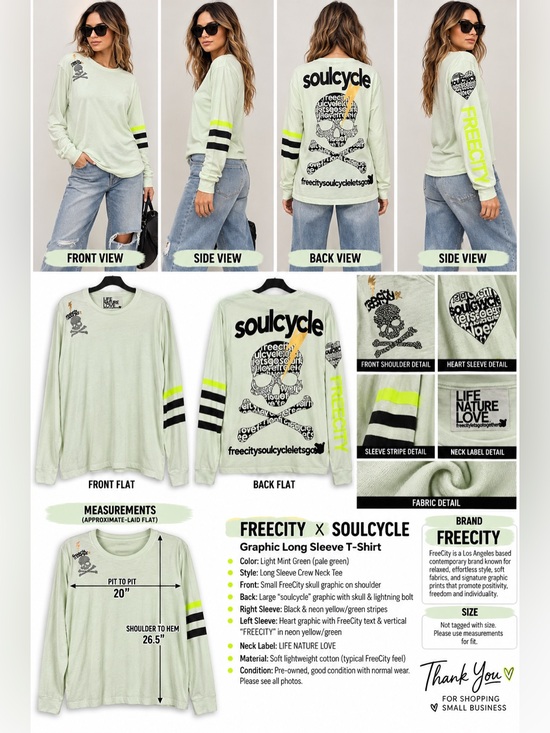 freecity Tops - Freecity x SoulCycle Women’s Small Long Sleeve Skull Graphic Tee mint G Green